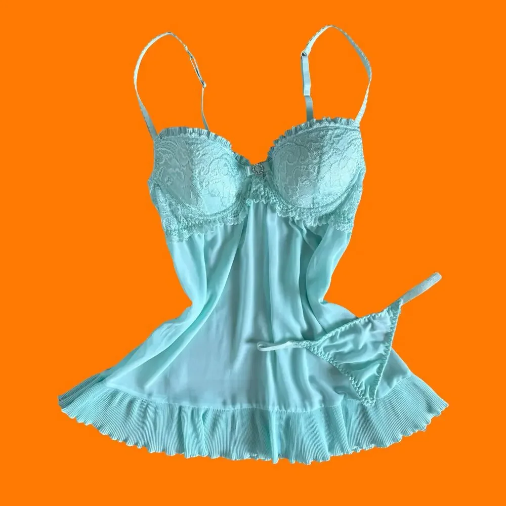 00's vintage chiffon lace bustier y2k 2pc lingerie set MEDIUM cinema etoile - Picture 1 of 8